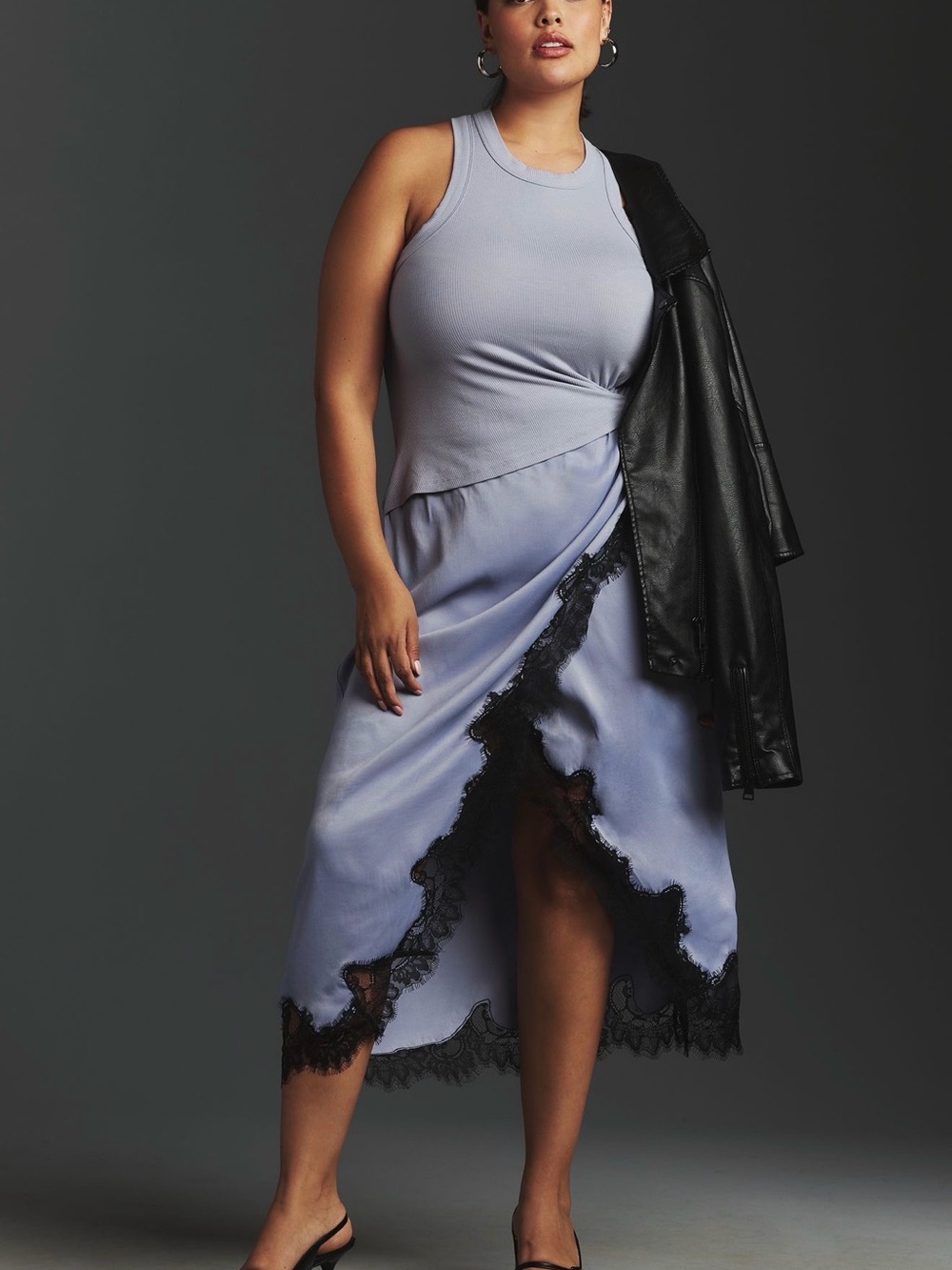 Anthropologie Periwinkle Twofer Slip Skirt dress  with Black Lace Trim